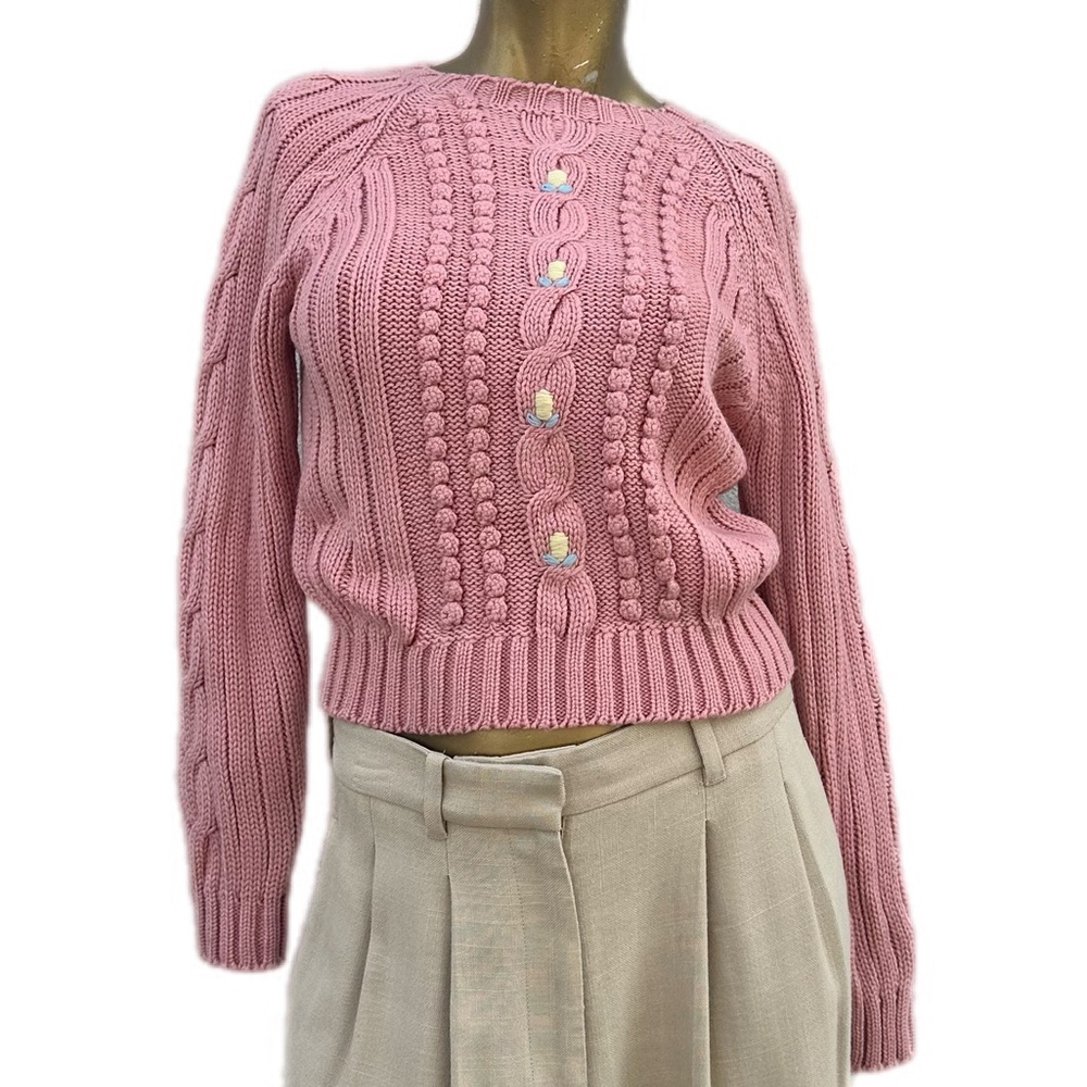 NWT Vintage Pink Cable Knit Acrylic Sweater Tulip Cottagecore PTP 16” app XS